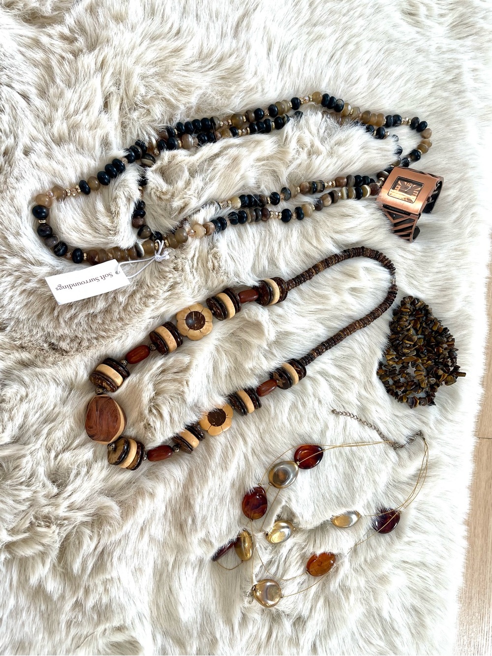 Tigers Eye, Hand Carved Wood, Brown and Black Beaded Necklaces, Watch, Bracelet.
